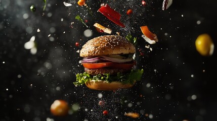 Airborne burger with flying ingredients creating a dynamic and appetizing composition against a dark background