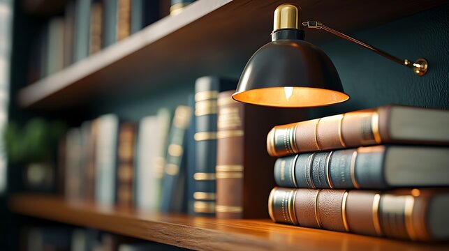 Vintage style storage room featuring a bookshelf filled with leather bound books a cozy reading lamp and a warm scholarly ambiance ideal for study learning and relaxation