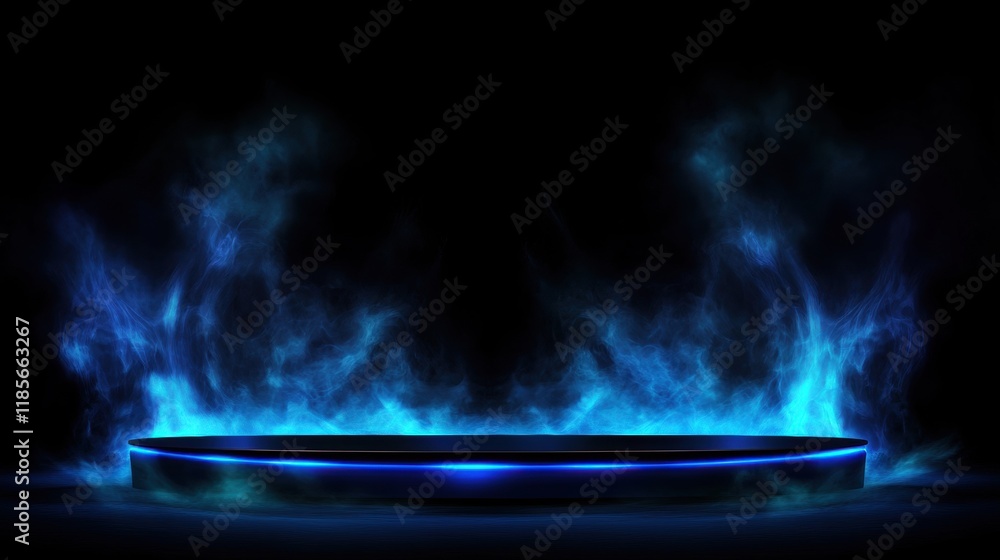 Poster dynamic blue flames emanating from circular platform in dark environment captivating digital art sce