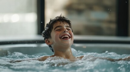 Obraz premium Joyful boy laughing in a hot tub with clear water splashes, bright indoor setting, ample negative space for text, soft natural lighting, close-up perspective.