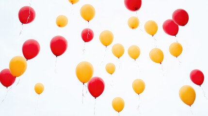 Colorful Balloons in Shades of Red and Yellow Floating Against a Soft White Sky Background