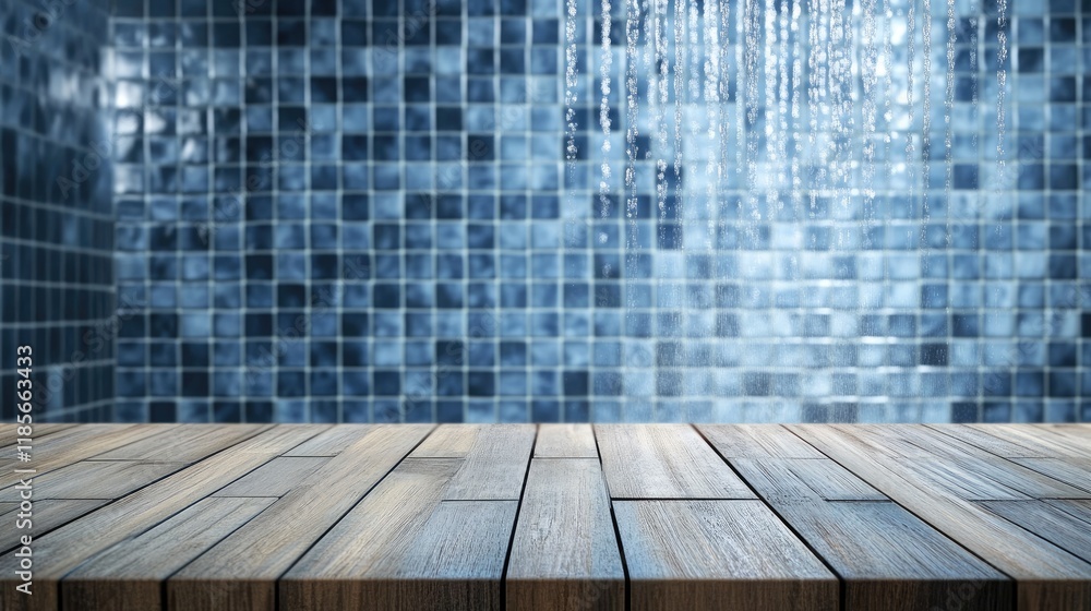 Poster wooden table with blurred shower room and mosaic tile background ideal for display and creative desi