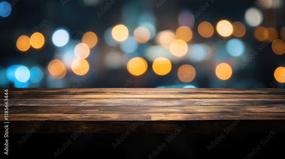 Poster wooden table with blurred bokeh background featuring colorful lights and circles ideal for product d