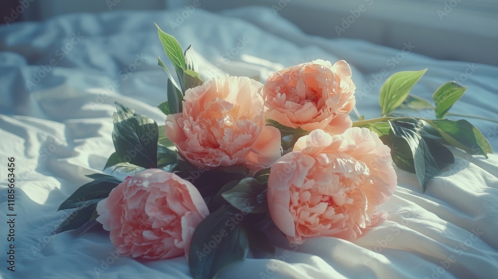 Poster elegant peonies on a textured bedspread in soft gray and terracotta hues creating a serene atmospher