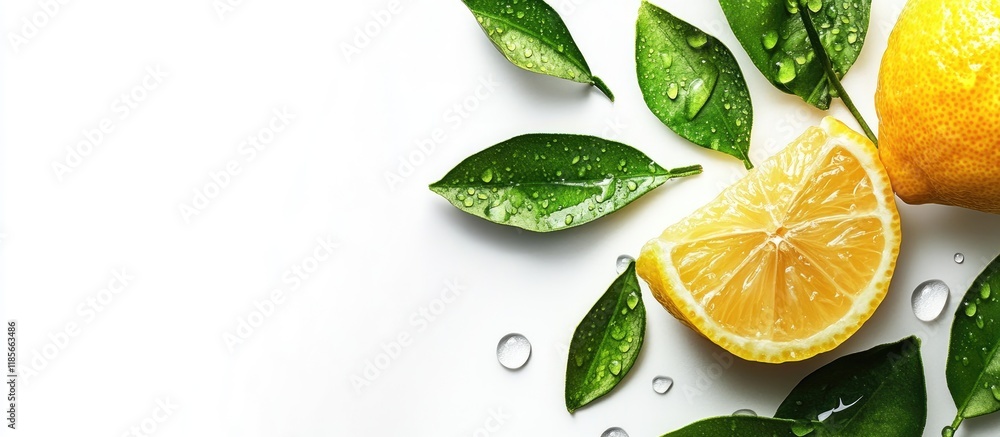 Poster fresh lemon slices with dew drops surrounded by green leaves on a white background for culinary or r