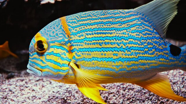 Close up of a sailfin snapper fish swimming near coral reefs
