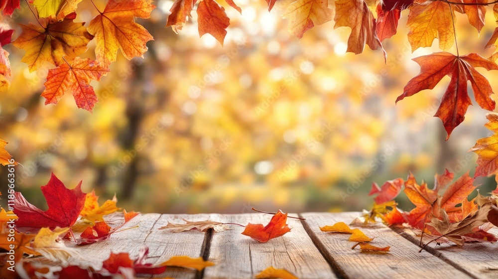 Poster autumn scene with empty wooden table surrounded by colorful leaves ideal for product placement and s