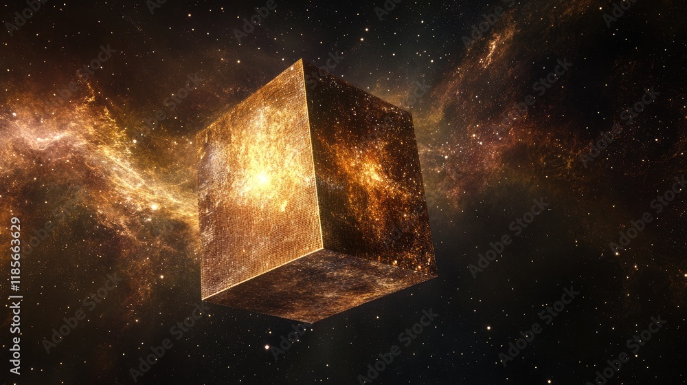 Poster floating golden cube in cosmic space with celestial background and hadron particles