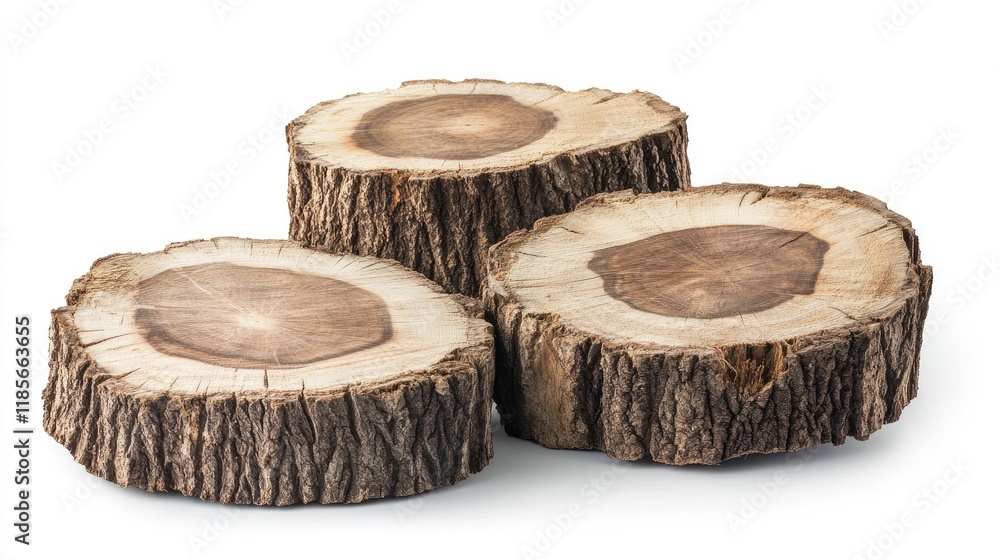 Poster cross section of three tree stumps showcasing unique patterns and textures on a white background for