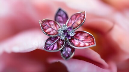 Colorful close up of intricate five petal flower brooch featuring pink and purple hues with a soft blurred background and enchanting bokeh effect