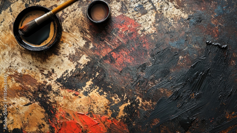 Poster artistic background with fat-soluble paints and brush on a textured table surface showcasing creativ