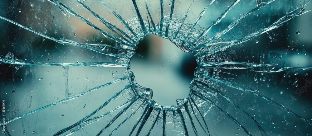 Poster close up of shattered glass window with rain droplets creating a moody atmosphere ideal for text ove