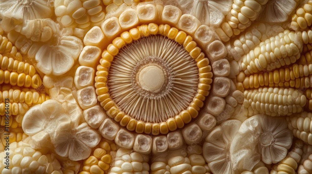 Poster cross sections of corn showcasing intricate internal structures arranged artistically with individua