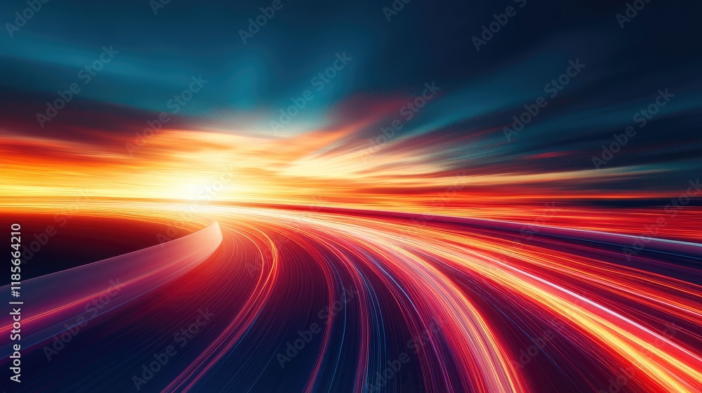 Poster dynamic sunset on a modern horizon with streaking clouds and vibrant colors creating a captivating c
