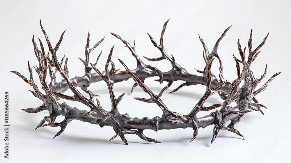 Poster rustic crown of thorns showcasing intricate leaf and thorn patterns on a pure white background