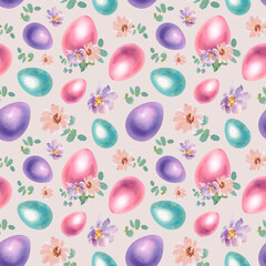 Easter egg with flowers and leaves. Seamless pattern of pastel-colored eggs. Isolated hand-painted watercolor illustration. Template for holiday cards, covers, posters
