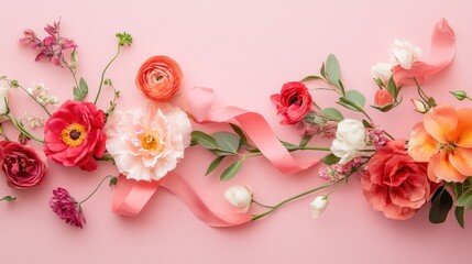 Elegant floral arrangement adorned with ribbon on a soft pink background showcasing vibrant blossoms and lush greenery.