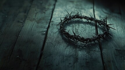 Crown of thorns resting on a rustic wooden surface illuminated by soft gentle lighting creating a somber atmospheric mood