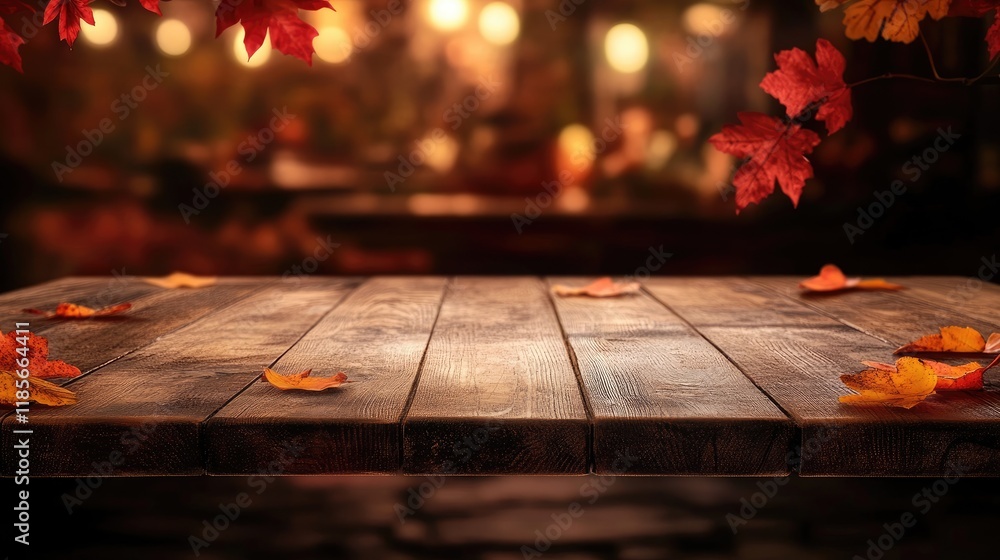 Wall mural Autumn themed wooden tabletop ready for product display with blurred bokeh background featuring colorful leaves and warm ambiance