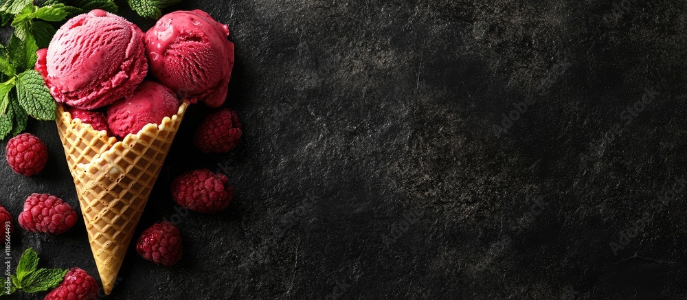 Aufkleber raspberry ice cream cone on dark background with fresh raspberries and mint leaves for creative text