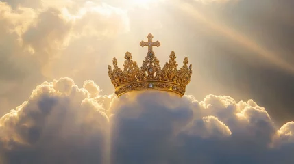 Crown shining through soft clouds representing divine authority and Christian faith in a serene heavenly landscape