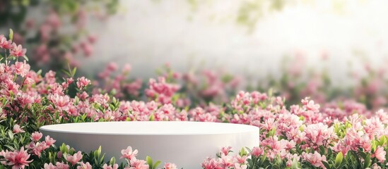 Spring fashion showcase podium surrounded by vibrant pink flowers in a serene garden setting with ample space for text overlay