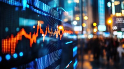 Fototapeta premium Market downturn with negative sentiment reflected in stock price declines and crowded trading environment in a financial district.