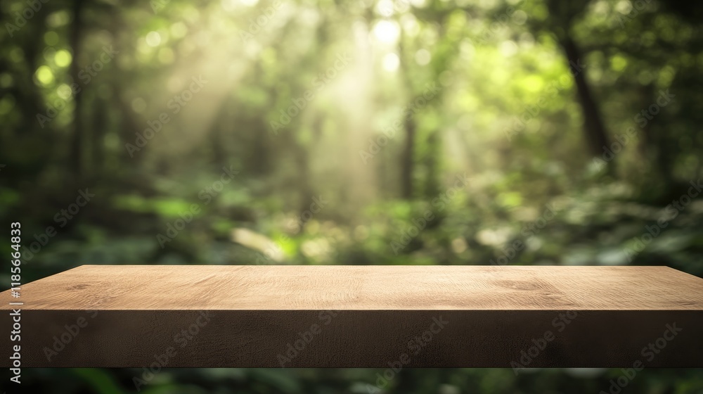 Poster wooden table in lush forest with soft bokeh light creating a magical atmosphere ideal for product di