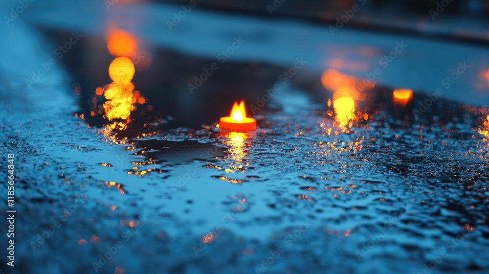 Poster candle flames flickering on a wet pavement creating a serene and atmospheric night scene with reflec