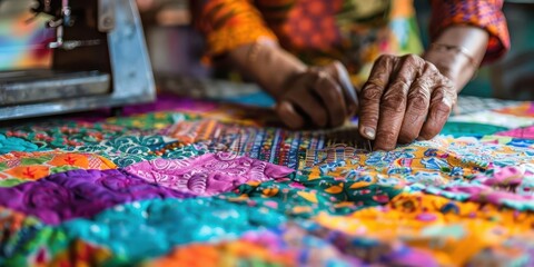 A close-up of hands working on a colorful quilt, showcasing craftsmanship and creativity.