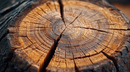 Fototapeta premium Close up of a tree trunk cross section showing intricate wood grain details and natural textures illuminated by warm sunlight