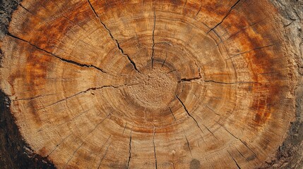 Naklejka premium Cross section of aged brown tree stump displaying intricate cracks age rings and natural wood grain textures
