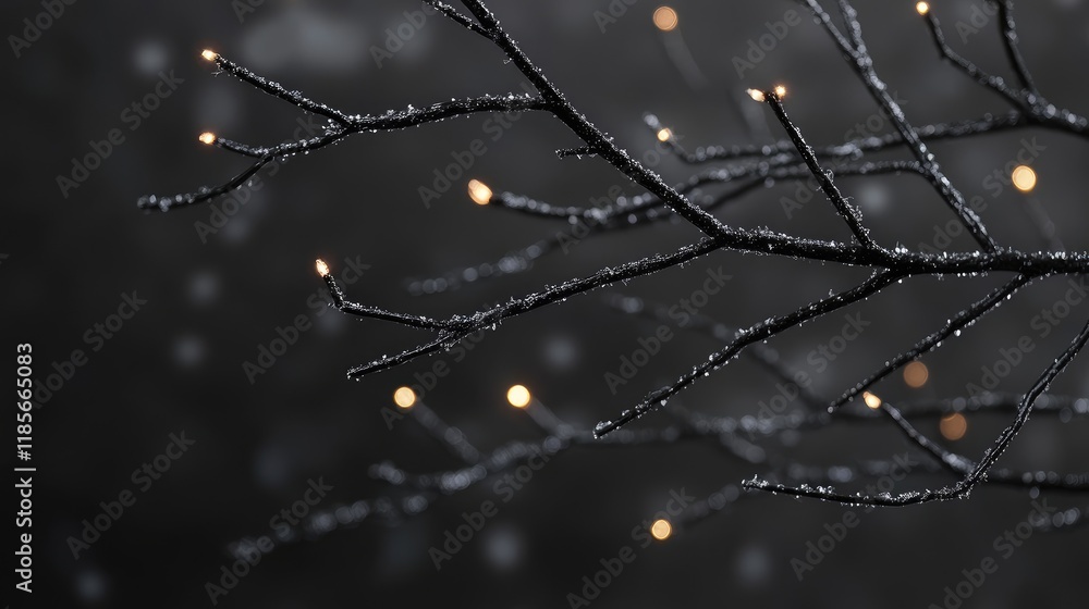 Poster flocked black christmas tree branches with soft bokeh lights in a dark background