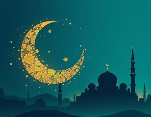 Floral Crescent Moon over Mosque: A Serene Nightscape