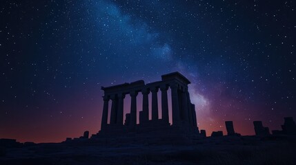 Naklejka premium Ancient temple silhouette under a starry night sky showcasing the contrast between historical ruins and the vast cosmos above