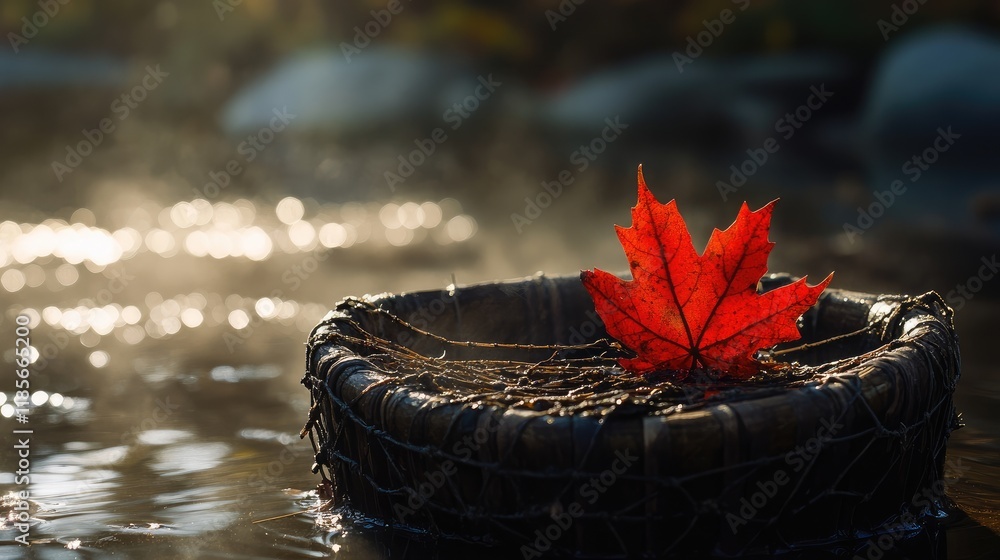 Poster autumn leaf resting on rustic net in barrel reflecting sunlight creating a serene and nostalgic atmo