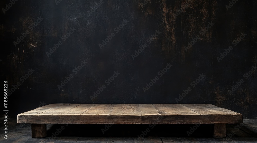Poster rustic wooden table with dark textured background for product display or creative presentation
