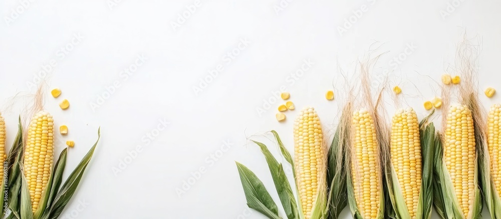 Aufkleber fresh corn on the cob with silk removed arranged on a white background for culinary and food present