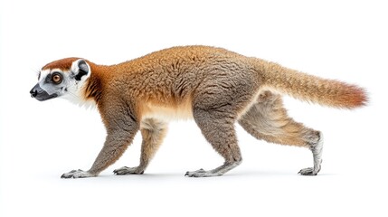 Obraz premium Crowned lemur walking gracefully on a white background showcasing its unique features and vibrant fur patterns