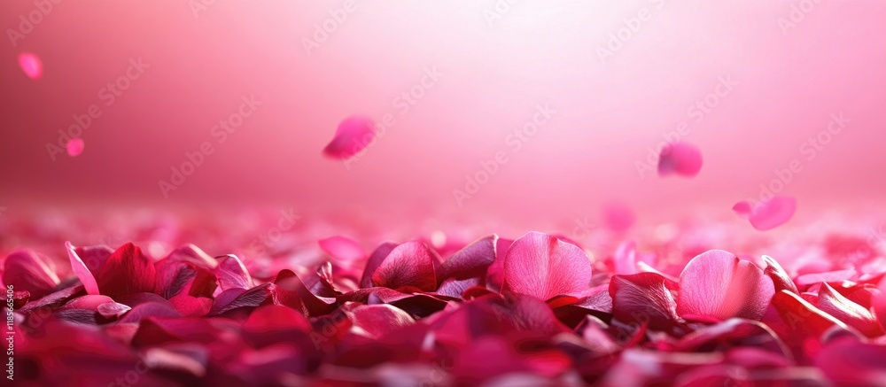 Poster scattered pink flower petals on soft pink background creating space for text or design elements