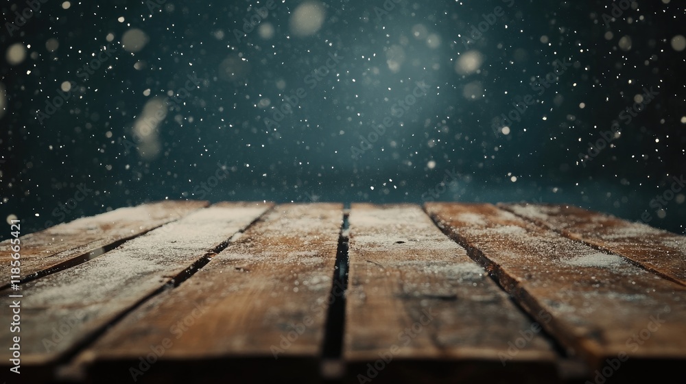 Poster wooden table with snowflakes falling in a soft bokeh background and atmospheric winter scene