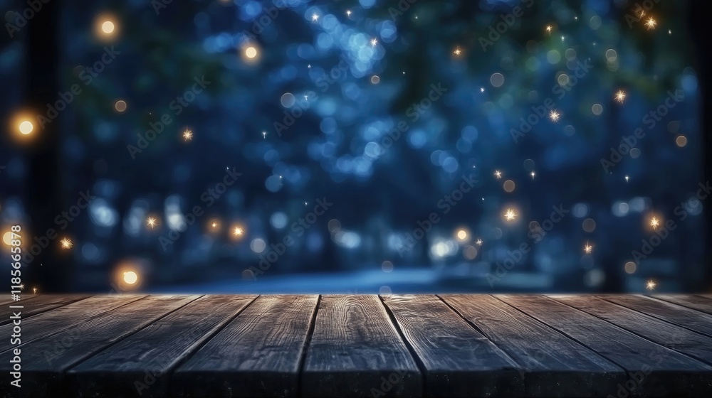 Poster wooden table with night bokeh background for product display or mockup high quality image