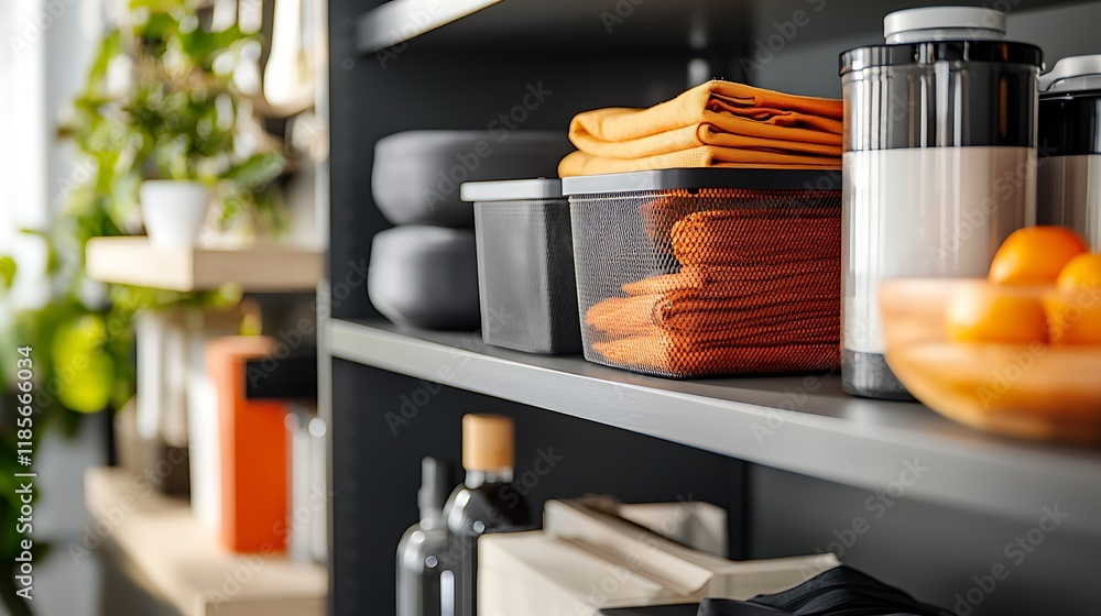 Poster utility storage closet with rolling shelves and bins for organized home or office space tidy practic