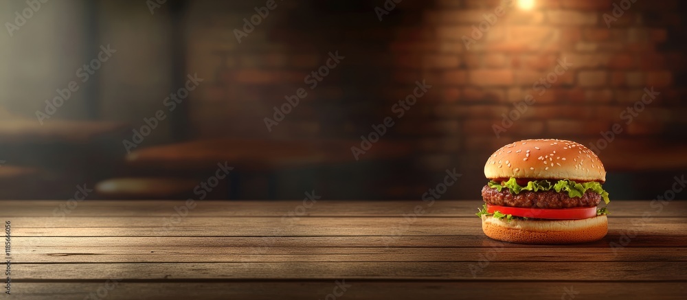 Poster succulent cheeseburger on rustic wooden table with soft lighting and space for custom text or brandi