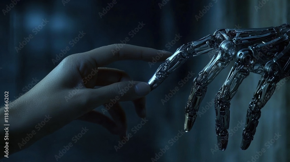 Poster human-robot interaction futuristic laboratory digital art sci-fi environment close-up view connectio