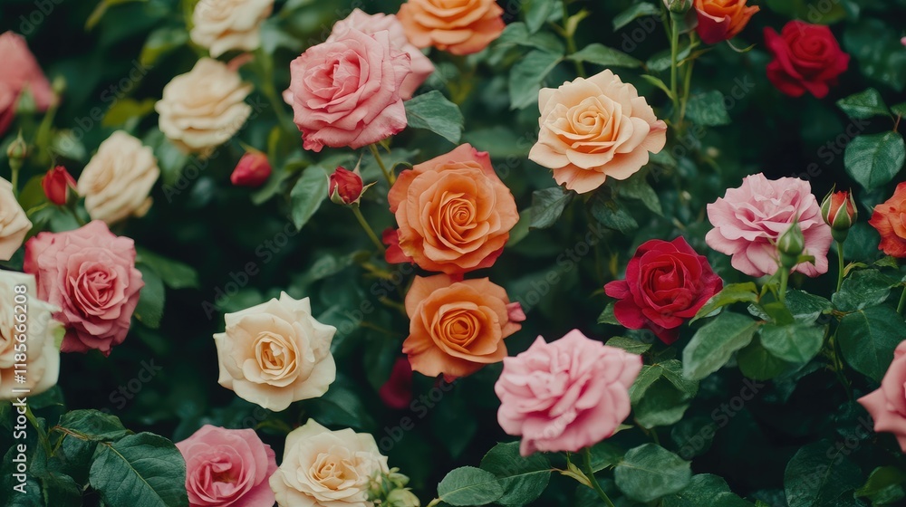 Poster vibrant floral backdrop showcasing an array of pink orange red and peach roses creating a beautiful 