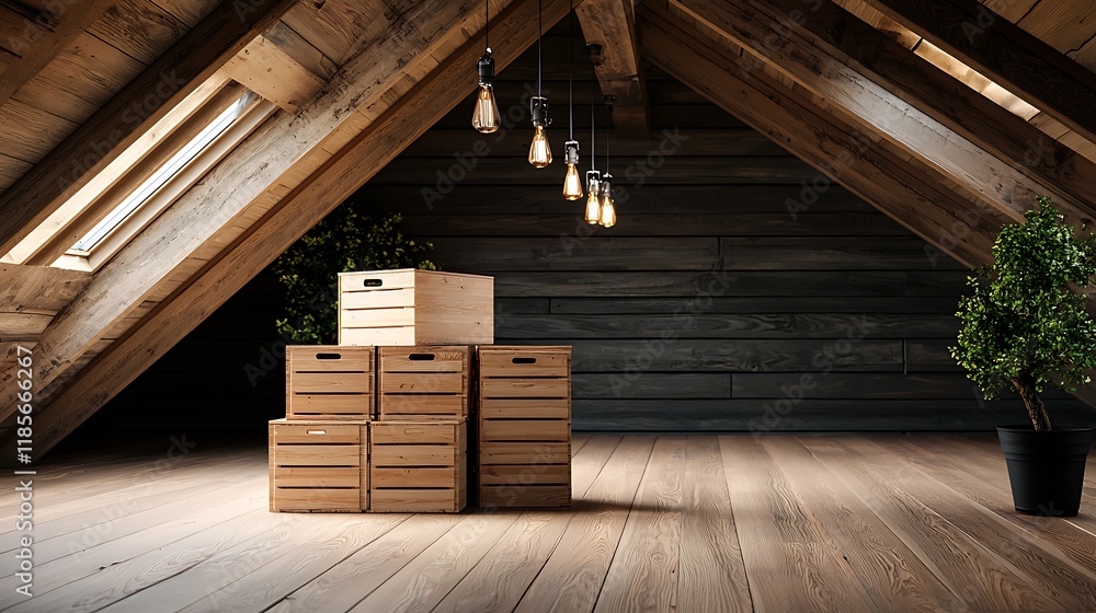 Poster organized and tidy attic storage space with stacked wooden crates shelves and hanging light fixtures