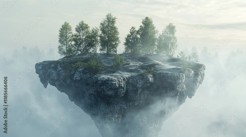 Poster floating island with rocky terrain and lush trees emerging from misty clouds in a surreal 3d environ