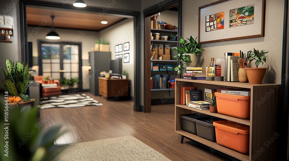 Poster organized and efficient storage room featuring stackable bins and shelves to neatly store seasonal i