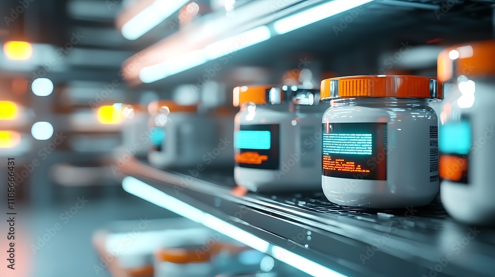 Poster futuristic storage facility interior with holographic inventory labels and an advanced automated she